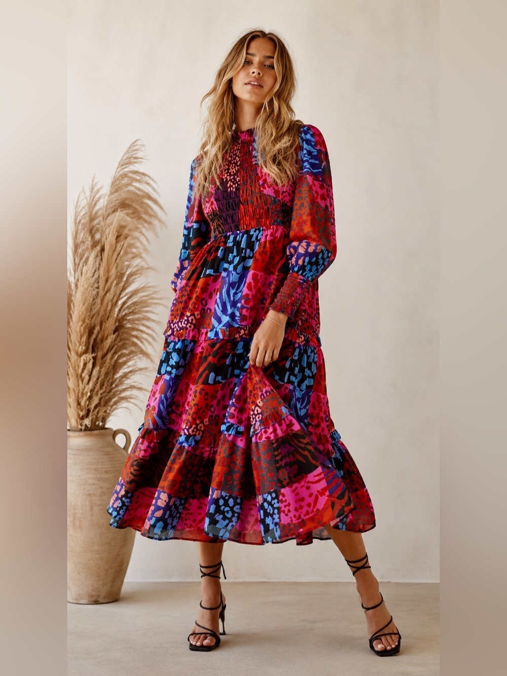 J. Marie The Jade Ruched Long Sleeve Midi Dress in Multi Size XS